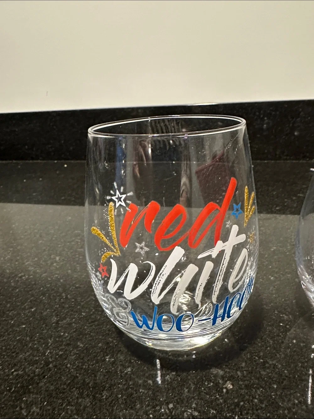 Pier 1 Red, White & Blue Woven Fruit Basket and   Stemless Wine Glasses.